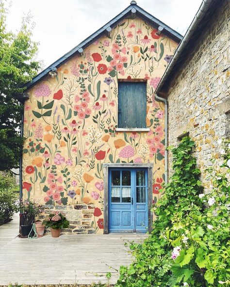 Mural House Exterior, Cottage Core Wall Mural, Painted House Mural Playroom, Floral Murals On Buildings, Whimsical Flower Wall Mural, Whimsy House, Whimsy Decor, Indoor Mural, English Room