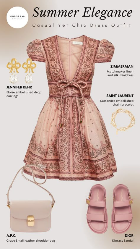 Casual elegant chic Zimmerman minidress, Dior sandals, A.P.C. shoulder bag, Jennifer Behr earrings and Saint Laurent bracelet Dior Dress Elegant, Saint Laurent Bracelet, Zimmerman Dress, Summer Elegance, Top Summer Outfits, Dior Dress, Dior Sandals, Europe Outfits, Jennifer Behr