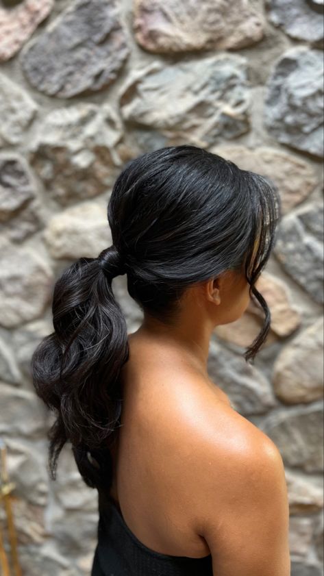 Mid Pony Updo, Prom Hair Pony, Curled Low Ponytail, Low Pony Hairstyles Short Hair, Low Pony Bridesmaid Hair, Bridesmaid Hairstyles Dark Hair, Fancy Low Ponytail, Dark Hair Wedding Hairstyles Brides, Dark Hair Ponytail