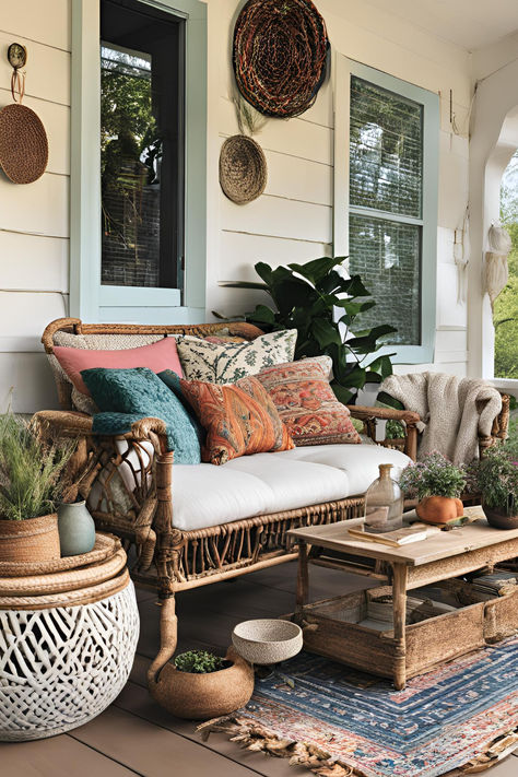 Ready to refresh your porch? Discover beautiful porch decor ideas that will turn your outdoor space into a stylish retreat. From creative porch decorating ideas front and center, to charming porch decor that adds personality, these tips will help you elevate your home’s curb appeal. Whether you're focused on porch decorating front or looking for overall porch inspiration, these ideas are perfect for any home. Hippy Front Porch, Uncovered Porch Decor, Front Patio Furniture Ideas, Charleston Porches, Front Porch Boho, Cottage Porch Decor, Cottage Porch Ideas, Outside Porch Decor, Front Porch Table