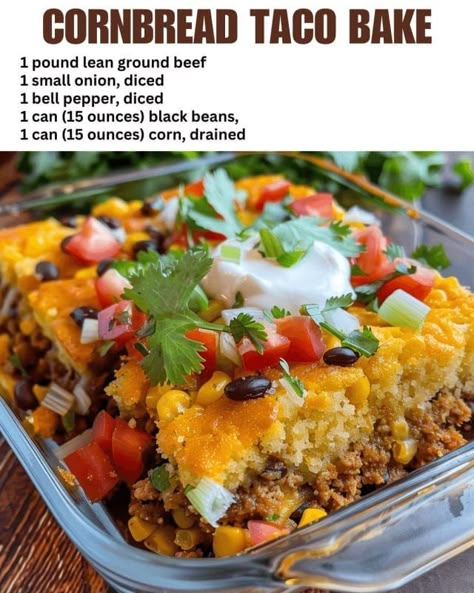 Cornbread Taco Bake Cornbread Taco Bake, Taco Cornbread Casserole, Cornbread Taco, Taco Casserole Bake, Baked Tacos Recipe, Delicious Cornbread, Mexican Cornbread, Cornbread Casserole, Fusion Dishes