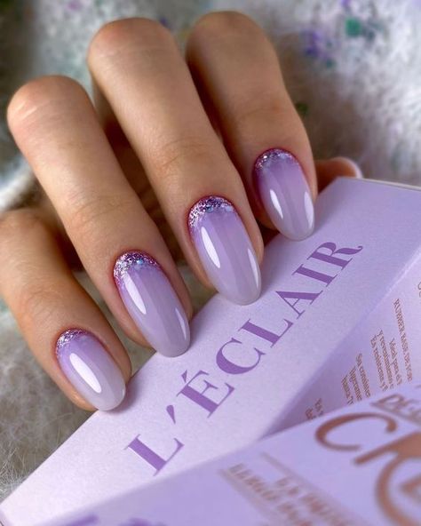 15 Short Acrylic Winter Nail Ideas for 2023-2024 French Nails With Glitter Base, Purple Crystal Nails, Glitter Base Nails, Nail Purple Design, Lila Nail Art, Pretty Purple Nails, Lila Nails, Nail Art Purple, Baby Glam