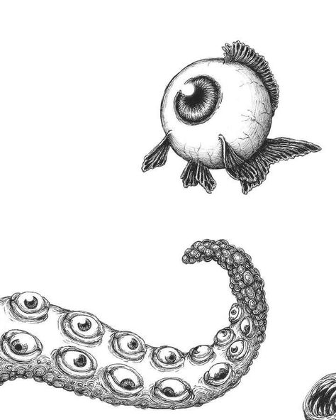 Drawing Ideas Surrealism, Eye Drawing Surrealism, Goldfish Surrealism, Eye Fish Drawing, Strange Drawing Ideas, Fish Surrealism, Surreal Eye Art, Surrealist Drawings, Surrealism Eye