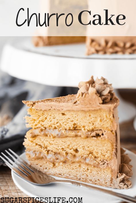 This Churro Cake has soft ,cinnamon cake layers with a rich praline filling, and a buttercream frosting with melted dark and white chocolates mixed in. This is hands down one of the best cakes you will ever eat. #sugarspiceslife #churrocake #churro #spanish #cake #praline #brownbutter #layercake #buttercream #chocolate #cinnamon #dessert Churro Desserts, Spanish Cakes, Churros Dessert, Spanish Cake, Churro Cake, Latin Desserts, The Best Cakes, Buttercream Chocolate, Spanish Foods