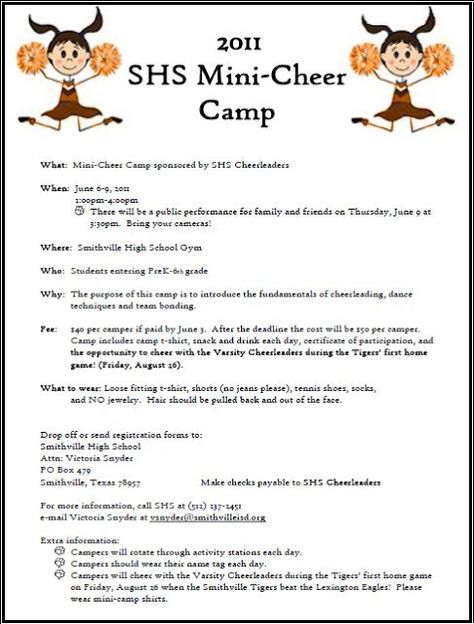 Smithville Elementary: Camp Time - Mini Cheerleading Camp Information Camp Themes Ideas, Day Camp Themes, Mini Cheer Camp, Cheer Fundraisers, Cheer Camp Gifts, Cheer Fundraiser, Cheerleading Camp, Cheerleading Fundraiser, Cheer Moves