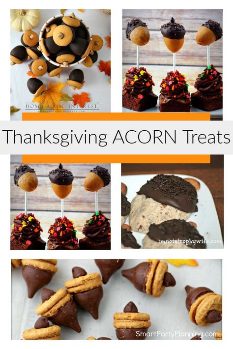 Selection of simple acorn treats that are perfect for Thanksgiving. Recipes include Oreo's, Hershey, nutter butter and other delicious ingredients. Learn how to make something fun for Thanksgiving that the kids and adults are all going to love. Thanksgiving Themed Snacks, Acorn Treats, Thanksgiving Food Crafts, Acorn Cookies, Themed Snacks, Easy Holiday Treats, Brownie Pops, How To Make Something, Nutter Butter Cookies