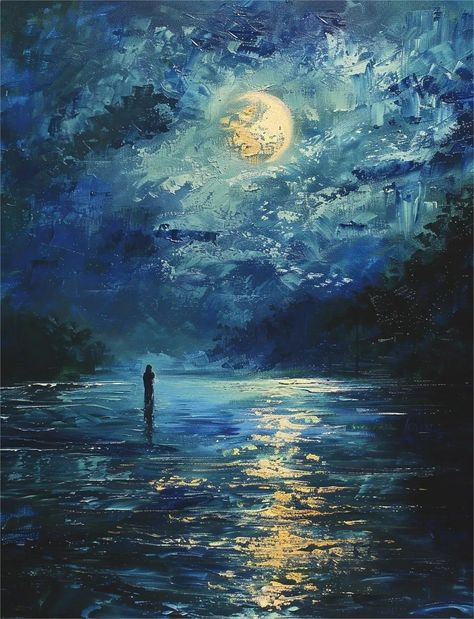 Dark Monet Paintings, Moon And Ocean Painting, Blue Artwork Aesthetic, Ethereal Painting Aesthetic, Oil Painting Background Colour, Dark Blue Night Aesthetic, Colorful Art Inspiration, Dark Blue Cottagecore, Ocean Aesthetic Painting