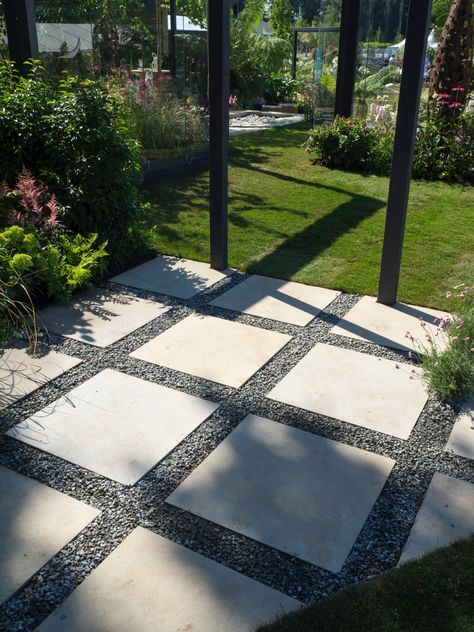 Large Pavers With Rocks In Between, Black Star Gravel With Pavers, Concrete Squares With Rock Between, Paver Patio Ideas Paving Stones Pea Gravel, Pavers With Rocks In Between, Stone Garden Design, Pebble Patio, Tatton Park, Pathway Landscaping