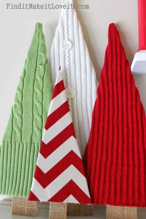 9 Savvy Crafts For Your Old Sweaters Sweater Trees, Old Sweater Crafts, Poang Chair, Origami Christmas Tree, Crochet Christmas Trees, Christmas Origami, Miniature Christmas Trees, Puppy Chow, Easy Cheap