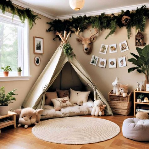 40 Toddler Room Ideas to Transform Your Child’s Space Nature Theme Playroom, Nature Themed Kids Bedroom, Floor Bed Toddler Boy Room, Woodland Toddler Room Girl, Neutral Childrens Bedroom, Toddler Reading Area, Woodland Toddler Room Boys, One Year Old Room, Toddler Room Themes