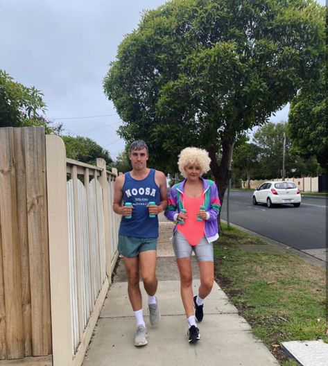 This Couple’s Kath & Kel Costumes Are The Foxiest Outfits This Side Of Fountain Gate Kath Day Knight Costume, Dynamic Duos From Movies, Kath And Kim Halloween, Aussie Dress Up Costume, Muck Up Day Costumes Funny, Bogan Costume Aussie, Kath And Kim Costume, Aussie Icons Costume Ideas, Swimming Carnival Costume