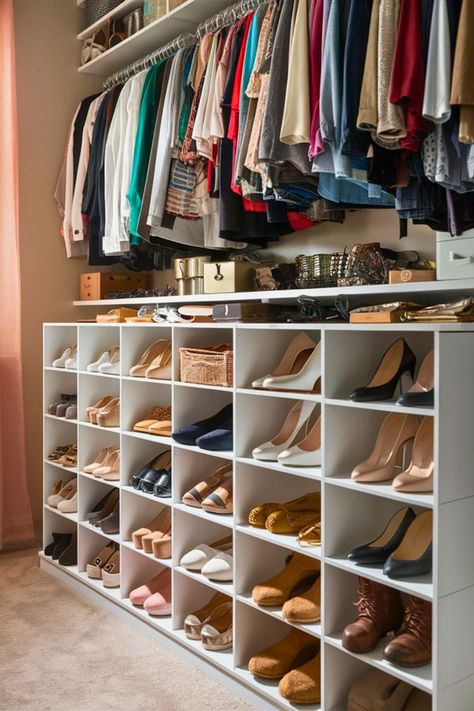 20 Shoe Storage Ideas Closet [Quick Ways] – craftydiyers.com Closet Shoe Cubbies, Large Family Shoe Storage, Diy Shoe Storage For Small Spaces, Shoe Storage Ideas Closet, Shoe Storage Cubes, Shoe Closet Organization, Storage Ideas Closet, Small Room Storage, Shoe Storage Ottoman