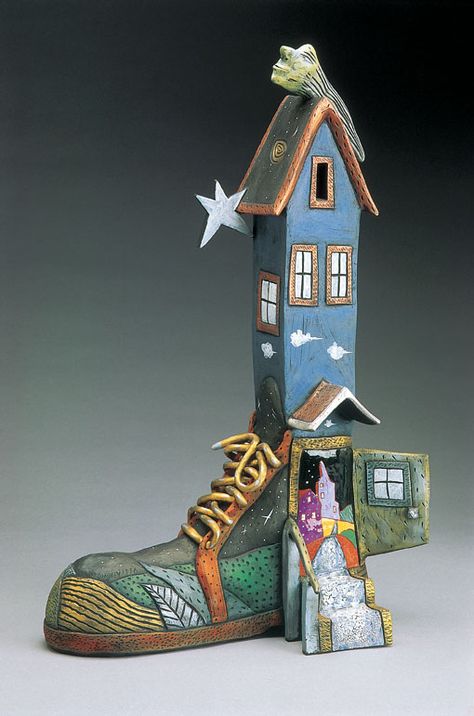 David Stabley does great things with clay!  This piece is painted instead of glazed. I love his work. Shoe House, Ceramic Shoes, Pottery Houses, Clay Houses, Ceramic Houses, Ceramics Projects, Shoe Art, Clay Sculpture, Clay Ceramics