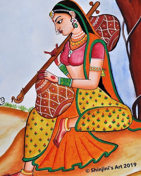 Painting On Rajasthan, Easy Rajasthani Paintings, Wall Painting Ideas Indian Art, India Folk Art Painting, Rajasthani Women Drawing, Rajasthani Painting On Canvas, Rajasthani Drawing, Rajasthani Women Painting, Indian Women Drawing