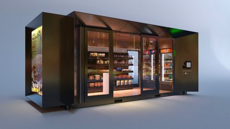 Container Store Design, Market Shelving, Shipping Container Store, Vending Machine Design, Shipping Container Buildings, Grocery Store Design, Pop Up Bar, Container Buildings, Container Architecture