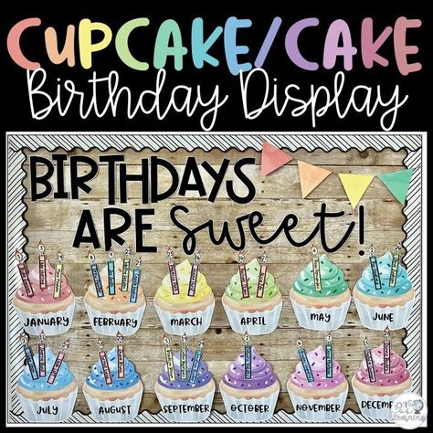 "This watercolor cupcake (or cake) birthday display is the perfect way to display student birthdays and add color to your classroom. To use this birthday classroom decor, simply choose from birthday cupcakes or birthday cakes, print the pieces you want onto paper, cut, and then attach them to your bulletin board, door, or wall. WHAT IS INCLUDED? -A table of contents -Instructions -Letters for the following phrases: \"Birthdays are sweet,\" \"Happy Birthday,\" and \"Our birthdays.\" (black-filled and white-filled) -Watercolor cupcakes with each month written on them (3 different font choices) -A page with 8 different bunting pieces -A page with 11 different colored candles -Watercolor cakes on stands with each month written on them (3 different font choices) -Watercolor cakes on plates with Cupcake Bulletin Boards, Birthday Classroom, Birthday Chart Classroom, Birthday Display In Classroom, Watercolor Cupcake, Birthday Bulletin Board, Birthday Bulletin Boards, Birthday Bulletin, April Easter