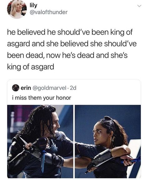 Loki And Valkyrie, Loki Imagine, Qualities In A Partner, Valkyrie Marvel, Avengers Humor, Funny Marvel Memes, Marvel Avengers Funny, Dc Memes, Dc Movies