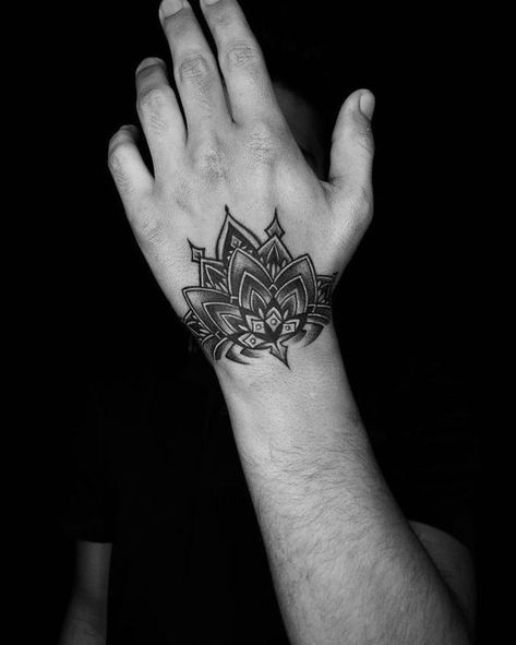 men. Mandala Tattoo Designs Men, Mandala Tattoo Design On Hand, Lotus Hand Tattoo Men, Mandala Tattoo Design Mens Hand, Small Mandala Tattoo Men, Best Hand Tattoos Men Unique, Half Hand Tattoo Men, Hindi Tattoo Men, Mandala Hand Tattoo Men