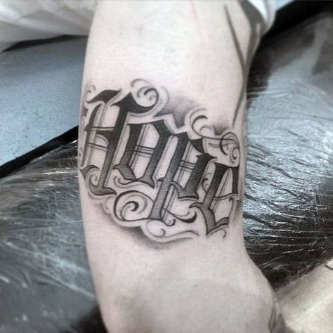 Word Design Ideas, Hope Tattoos, Hope Lettering, Old English Tattoo, Tattoos On Arm, Hope Tattoo, Old English Words, Omerta Tattoo, City Tattoo