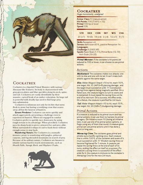 Primal Monster: Cockatrex Homebrew Monsters, Dnd Stats, Dnd Homebrew, Dnd Campaign, Dungeons And Dragons 5e, Dnd Dragons, Dnd 5e Homebrew, D D Monsters, Dungeons And Dragons Game