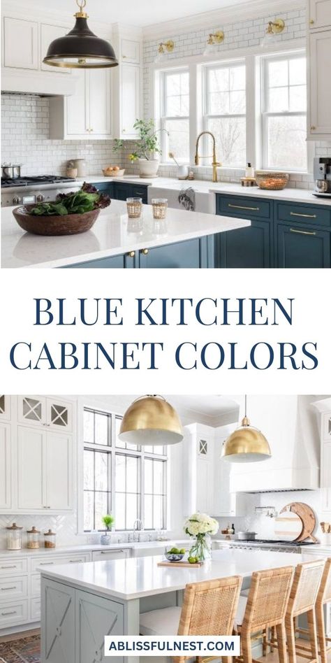 Don't be afraid to add a pop of color to your kitchen and let your personality shine through. Revamp your kitchen into a stunning oasis with these gorgeous blue kitchen cabinet colors! From calming navy to vibrant turquoise, these shades will elevate your space and make a statement. #bluekitchencabinets #kitcheninspo #kitchencabinets Beach Cabinet Colors, Blue Kitchen Cabinet Colors, Light Blue And White Kitchen, Behr Blue Paint Colors, Light Blue Cabinets, White And Blue Kitchen, Blue Kitchen Cabinet, Outdoor Interior Design, Grandmother Aesthetic