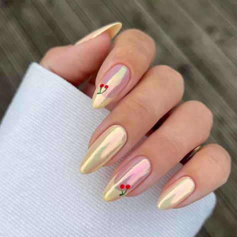 yellow french tips with cherries Summer Yellow Nails, Kutek Disney, Maroon Nails, October Nails, Cherry Nails, Nagel Tips, Smink Inspiration, Classy Acrylic Nails, Makijaż Smokey Eye