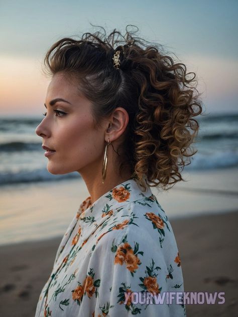 25 Trendy Beach Hairstyles for Curly Hair: From Sunrise to Sunset Beach Updos For Short Hair, Short Natural Curly Hair Updo, Short Curly Updo Hairstyles Wedding, Up Dos For Short Curly Hair, Curly Hair With Accessories, Short Curly Wedding Hair Natural Curls, Natural Short Curly Hair Styles, Naturally Curly Bob Haircut, Natural Curly Hair Updos