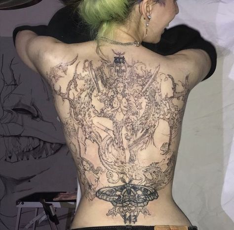 Full Back Pieces For Women Tattoo, Corset Piercing Aesthetic, Trash Style Tattoo, Back Collage Tattoo, Large Back Piece Tattoo, Chandelier Back Tattoo, Vintage Back Tattoo, Ethereal Tattoos Back, Xix Tattoo