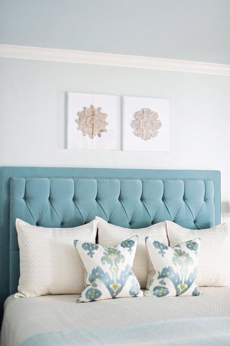 Blue velvet Headboard with Yellow and Blue Ikat Pillows - Transitional - Bedroom Blue Trellis Wallpaper, Headboard Design Ideas, Blue Bed Pillows, White And Pink Bedding, White Quilt Bedding, Blue Upholstered Headboard, Blue Velvet Headboard, Velvet Tufted Headboard, Ivory Bedding