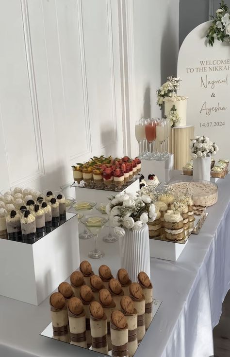 Engagement Buffet Table, White Table Set Up, Nikkah Dessert Table, Muslim Bridal Shower Ideas, Nikkah Food Table, Aesthetic Wedding Food Table, Grooms Dessert Table, Wedding Food Elegant, Wedding Desert Buffet