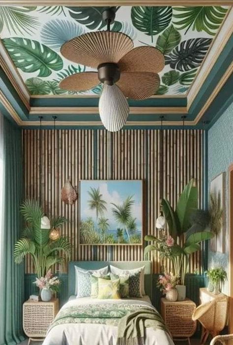 Rainforest Bedroom Ideas, Modern Tropical Interior Design, Tropical Bedroom Ideas, Modern Tropical Interior, Tropical Theme Bedroom, Hawaiian Bedroom, Cuban Decor, Travel Themed Bedroom, Tropical Room