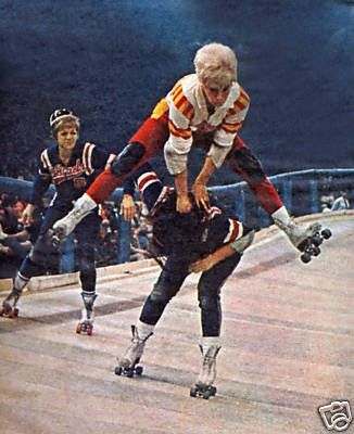 Judy Arnold going over Jan Vallow, Julie "Ace" Patrick at the rail Roller Derby Skates, Roller Derby Girls, Derby Skates, Roller Rink, Derby Girl, Dangerous Minds, Skating Rink, Roller Girl, Skater Girls