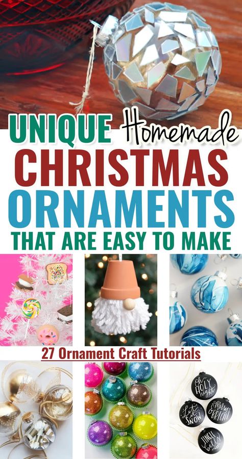 pictures of unique ornaments to make that says Unique Homemade Christmas Ornaments That Are EASY To Make alt Diy Bulk Christmas Ornaments, Cute Ornaments To Make, Diy Mosaic Christmas Ornaments, Adult Christmas Ornaments Diy, Ornament Making Station, Christmas Ornaments For Teens To Make, Dipped Ornaments Diy, Ornament Contest Ideas, Fancy Christmas Ornaments Diy