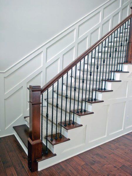 30+ Best Chair Rail Ideas - Molding Trim Interior Designs #chairrailmouldingdesigns Stair Trim Ideas, Staircase Molding, Oak Newel Post, Stair Newel Post, Stairs Trim, Basement Stairs Ideas, Stair Posts, Staircase Railing, Trim Ideas