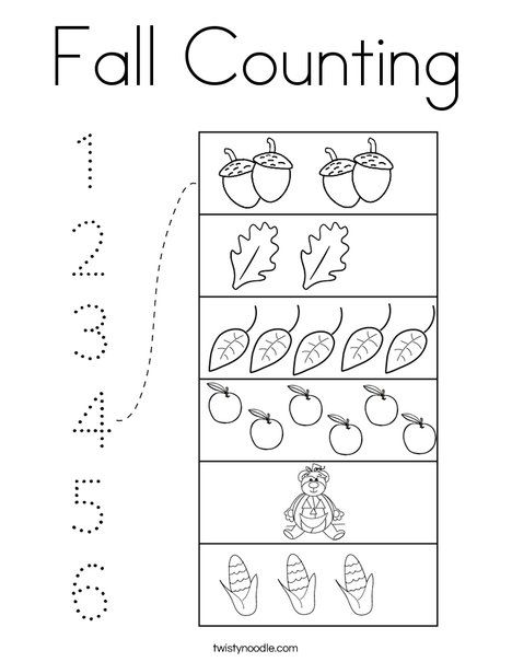 Fall Counting Coloring Page - Twisty Noodle Counting Pages Preschool, Fall Numbers 1-10, Fall Counting Worksheets Preschool, Fall Worksheets For Toddlers, Fall Activity Sheets For Preschool, Fall Prek Worksheets, Fall Math Preschool, Fall Patterns Kindergarten, Fall Counting Activities Preschool