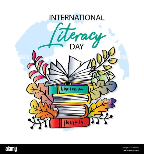 Download this stock image: International Literacy Day poster with stack of books. Education concept. - 2GEYRNW from Alamy's library of millions of high resolution stock photos, illustrations and vectors. Library Day Poster, Poster On Literacy Day, 21st Century Literature Poster, Literacy Day Drawing, International Literacy Day Poster, Reading Day Poster Design, Education Poster Design Ideas, Literacy Day Poster, Reading Day Poster