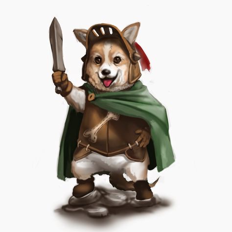 Dog Warrior, Ranger Dnd, Holding A Knife, Green Cape, Corgi Art, Cat Vs Dog, Dog Crafts, Dnd Art, Fantasy Rpg