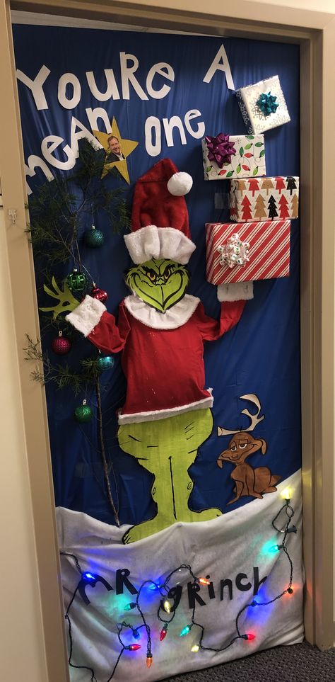 Grinch Themed Christmas Classroom Door, Ideas For Christmas Door Decorating, Grinch Themed Door Decorating Contest, Grinch Stole Christmas Door Decorations, Christmas Door Grinch Decorations, Christmas Door Inspo Classroom, Door Grinch Decorations, Grinch Themed Door Decorations, Christmas Grinch Classroom Door