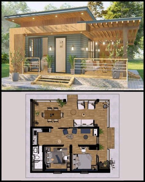 Tiny House 1000 Sq Ft Layout, Elevated Tiny House, Jungle Homes, Wood House Design, Small House Blueprints, Small House Layout, Casas The Sims 4, Simple House Design, Sims House Plans