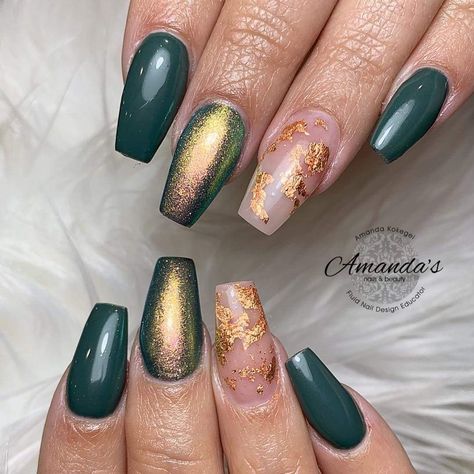 Teal And Copper Nails, Teal Blue Nails Designs, Green And Copper Nails, Fall Almond Nails, Teal And Copper, Gold Acrylic Nails, Copper Nails, Dark Green Nails, Turquoise Nails