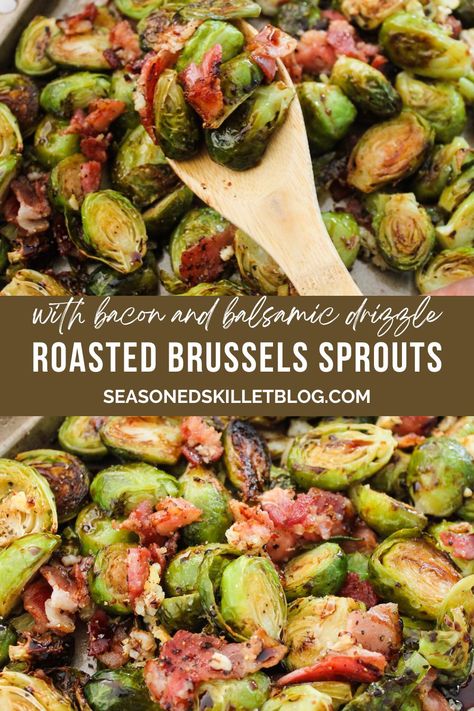 Roasted Brussels Sprouts with Bacon are the perfect side dish for the Thanksgiving and Christmas holidays! The caramelized roasted brussels sprouts, savoury bacon, and tangy balsamic vinegar provide a mouthwatering, irresistible flavour. Make this quick and easy recipe in about 30 minutes. Roasted Brussel Sprouts Oven, Roasted Brussels Sprouts With Bacon, Balsamic Brussel Sprouts, Crispy Brussels Sprouts, Vegetable Salads, Brussels Sprouts With Bacon, Bacon Brussel Sprouts, Easy Vegetable, Roasted Brussel