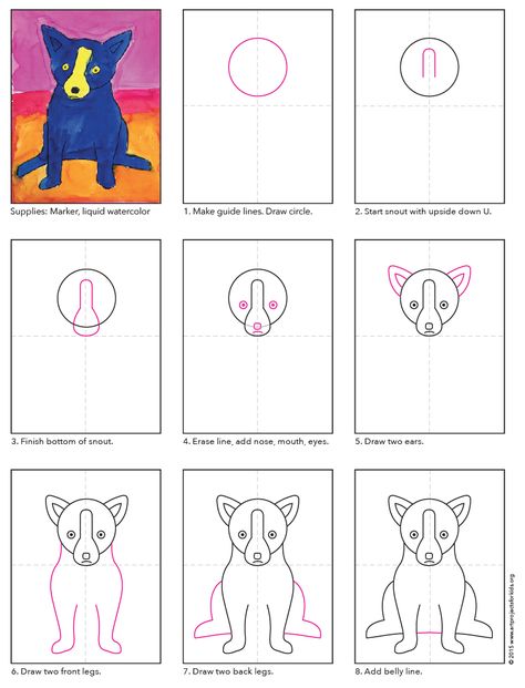 How to draw George Rodrigue's Blue Dog. PDF tutorial available. #rodrigue #bluedog Dog Art Projects, Blue Dog Art, Blue Dog Painting, Elementary Drawing, Draw A Dog, Drawing Videos For Kids, 2nd Grade Art, 6th Grade Art, 4th Grade Art