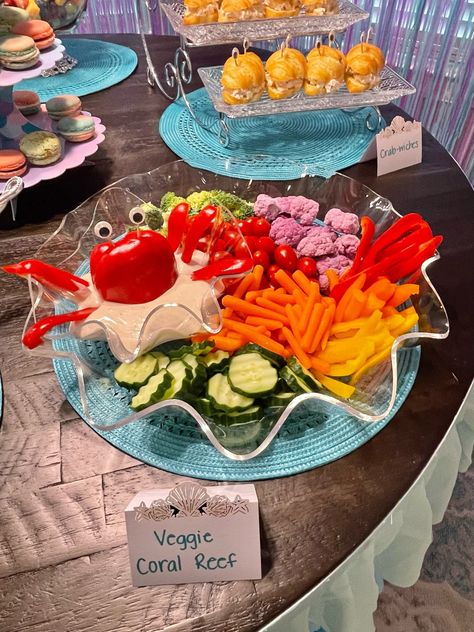 Mermaid Birthday Party Veggie Tray, 7 Seas Birthday Party, Ariel Themed Food, Birthday Party Ocean Theme, Underwater Birthday Theme Sea Decoration, Under The Sea Veggie Platter, Ocean Veggie Tray, Mermaid Party For Adults, Beach Theme Finger Foods