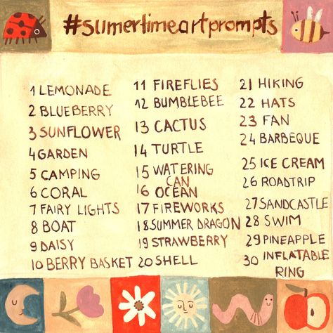 With the weather finally warming up for the summertime, a few good friends and I decided to host an all summer long art challenge to help you get creative! 🥰☺️ All skills and experience levels are welcome to join in, and you can go completely at your own pace - illustrate them all in one month for a challenging sprint, or spend the whole summer enjoying the creative journey! Use them all or use what you like! In order or pick what you feel at the moment! Create mashups or bring in your ideas... Summer Art Challenge, Art Challenges To Do With Friends, Month Art Challenge, Monthly Art Challenge, Challenged To Do With Friends, Creativity Challenge, Creative Prompts, 30 Day Drawing Challenge, Summer Drawings