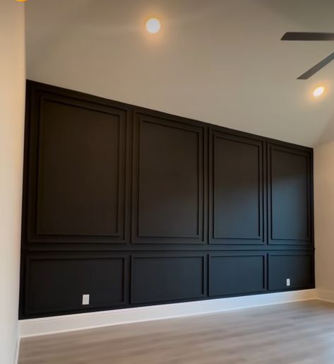 Black Walls White Doors, Black Moulding Wall, Black Bedroom Panelling Wall, Black Wainscoting White Trim, Wall Molding Black, Black Wall Wainscoting, Paint Paneling Walls Black, Black Painted Wood Paneling, Paneling On Vaulted Ceiling