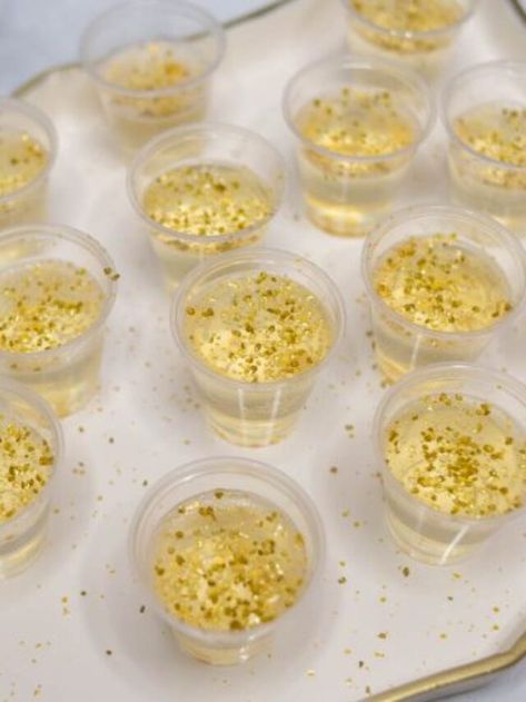 Great Gatsby Party Snacks, Golden Jello Shots, Gold Themed Party Food, Champagne Shots Jello, Birthday Party Food Buffet Ideas, Gold Appetizer Ideas, Golden Hour Bachelorette Party, Silver Jello Shots, Golden Alcoholic Drinks