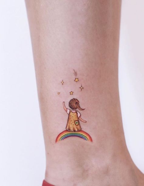 70 Best Unique And Minimal Colorful Tattoos - TheTatt Mini Coloured Tattoos, Minimal Color Tattoo, Rainbow Baby Tattoo Ideas, Rainbow Tattoo Ideas Unique, Rainbow Baby Tattoo, Somewhere Over The Rainbow Tattoo, Flower Neck Tattoo, Small Colorful Tattoos, Rainbow Tattoo