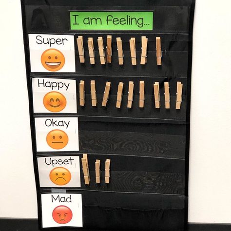 Amanda on Instagram: “Feelings check in chart ✨ every morning students use their numbered clothespin to show how they’re feeling. The students flip their…” Morning Feelings Check In, Student Check In Board, Feelings Chart Classroom, Social Activities For Kindergarten, Feeling Chart Preschool, Preschool Feelings Chart, How Are You Feeling Today Chart, Feelings Check In Classroom, Morning Check In For Students