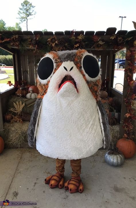 Rachelle: My 9-year-old son, Caleb, is wearing the costume because he's been obsessed with Porgs since watching Star Wars: The Last Jedi last year. I have loved making costumes for my... Porg Costume Diy, Funny Star Wars Costumes, Porg Costume, Ewok Costume, Star Wars Costumes Diy, Halloween Vacation, Holiday Boards, Creative Halloween Costumes Diy, Star Wars Couples