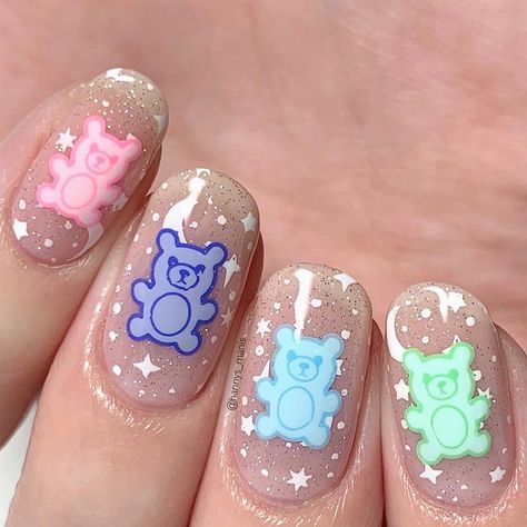 Rainbow bear nails using using my collab stamping plate with @hellomaniology AVAILABLE TOMORROW! 🌈🐻 I used @essie “Gossamer Garments”,… Gummy Bear Nail Art, Gummy Bear Nails, Kid Nails, Bear Nails, Girls Nail Designs, Artist Collaboration, Halloween Nails Easy, Bears Nails, Magic Nails